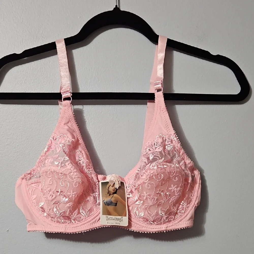 Sexy Elegant Pink Lace Half Padded Push Up Underwire Bra Size 36DD